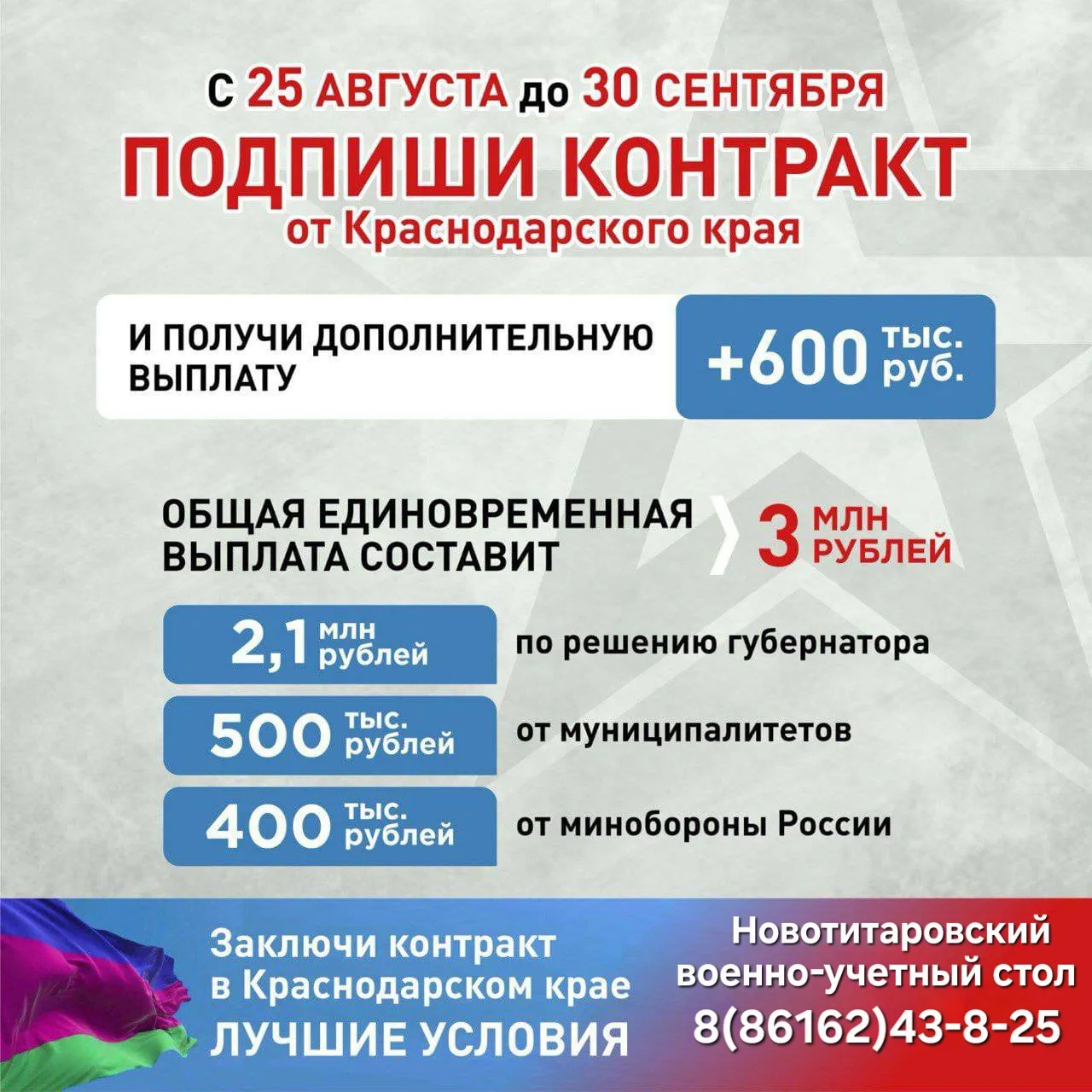 3 млн рублей получат заключившие контракт от Краснодарского края с 25 августа до 30 сентября 2025 года.