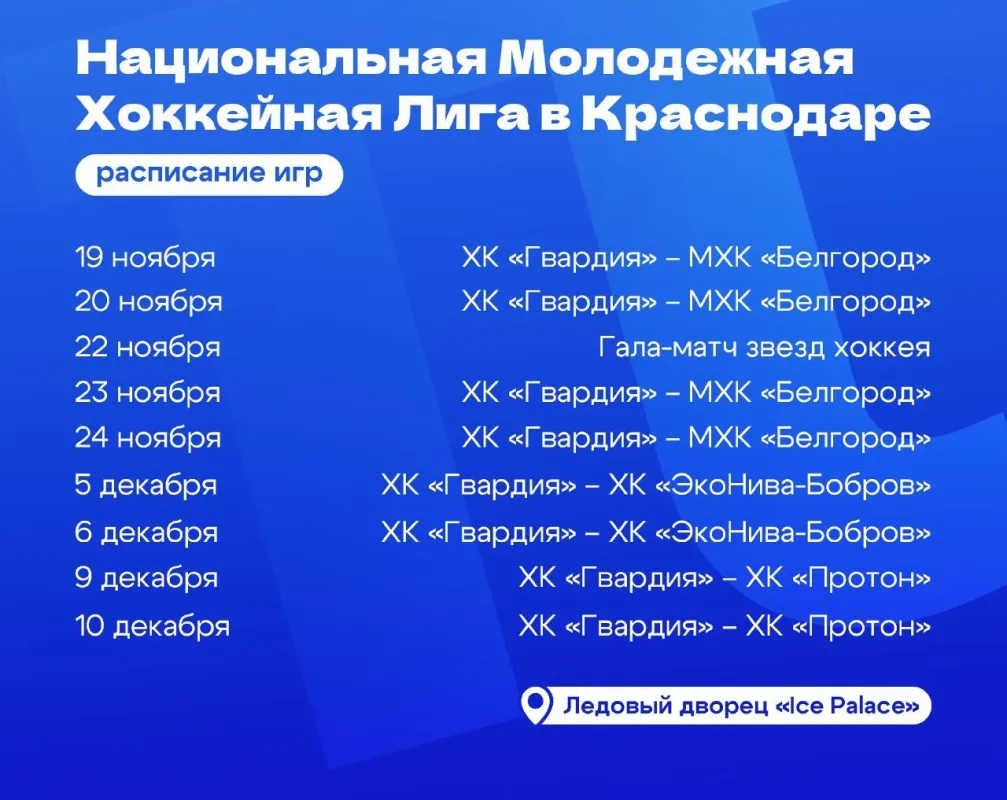 В рамках Национальной Молодежной Хоккейной Лиги в г. Краснодар будут проходить матчи с участием хоккейного клуба "Гвардия"